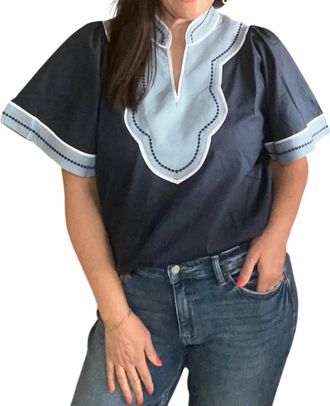 THML Clothing Wide Sleeve Contrast Trim V-Neck Top In Navy