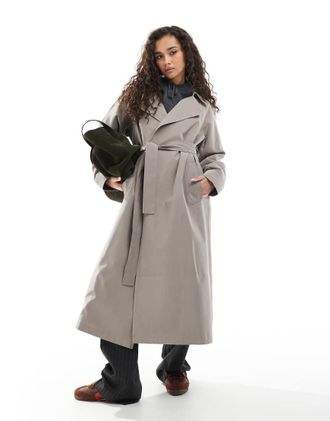Asos waterfall collar trench coat in mushroom-Gray