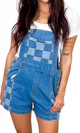 Bibi Pin-Up Pit Stop Cotton Blend Romper In Medium Wash Denim