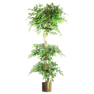 Leaf Artificial Ficus Triple Ball Tree 6ft Gold Metal Planter in Green