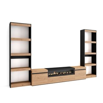 Skraut Home Skraut Home - Muebles De Sal&oacute;n Para Tv, Conjunto De Muebles Comedor, 320x186x35cm, Para Tv Hasta 80, Chimenea El&eacute;ctrica, Estilo Moderno, Roble Y Negro