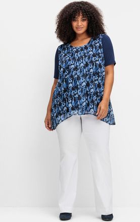 Sheego Blusenshirt SHEEGO Blusenshirt, Damen, Gr. 40, marine, gemustert, 95% Viskose, 5% Elasthan, Webware:100% Polyester, gebl&uuml;mt, gemustert, mehrfarbig, Ru