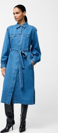 French Connection Womens Blue Cotton Long Balloon Sleeve Button Up Self-Tie Denim Midi Dress - Size X-Large