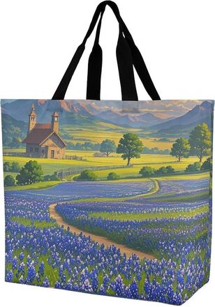 Generic YHNNH Fashionable Reusable Womens Shoulder Tote Bag Texas Bluebonnets Scenery Printed with Unique Heat Transfer Print, Eco-Friendly Durable Polyester 