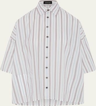 Eskandar Cotton Sloped Shoulder Wide A-Line Short Sleeve Shirt With Collar - Mid Plus Length