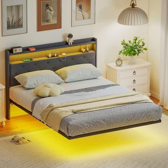 HOMCOM Floating Bed Frame with RGB Lights, Upholstered Double Size Bed, Grey