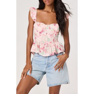 ASTR the Label Baylin Floral Eyelet Lace-Up Back Peplum Top in Pink Floral at Nordstrom, Size X-Small