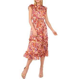 CeCe by Cynthia Steffe Flutter Sleeve Smocked Waist Midi Dress in Wine at Nordstrom, Size Medium