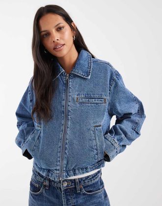 Noisy May giacca di jeans squadrata con zip in vintage blu medio