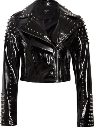 SS7 Womens Patent Vinyl Studded Faux Leather Biker Jacket Black
