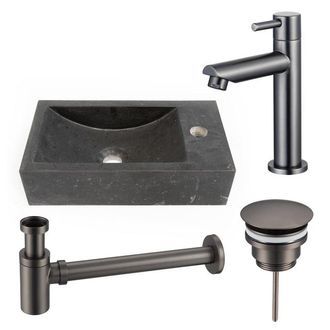 Saniclass Fuente fonteinset - 40x22 - 1 kraangat - rechts - natuursteen - fonteinkraan Geborsteld Gunmetal PVD - donker