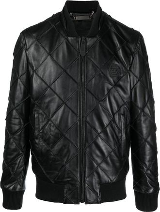 Philipp Plein quilted leather bomber jacket - men - Lamb Skin/Polyester/Polyester/Elastane - S - Black