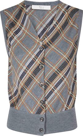 Tela Multicolored Plaid V-Neck Linen-Blend Vest
