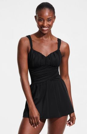 Lands End Slender Lite Sweetheart Shirred Swim Dress in Black at Nordstrom, Size 18