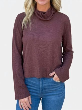 bobi Cotton Slub Turtleneck Crop Long Sleeve Top In Brown