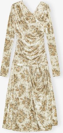 Ganni Golden Floral Ruched Dress - Size 8/10 Beige