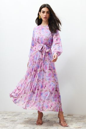 Trendyol Modest Dames Roze Bloemen Maxi Lang Casual A-lijn Modest Jurken