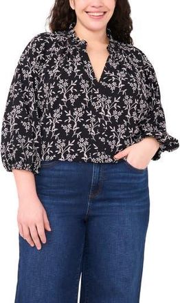 CeCe by Cynthia Steffe Floral Embroidered Ruffle Neck Top in Rich Black at Nordstrom Rack, Size 1 X