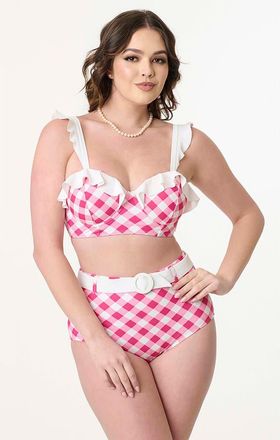 Unique Vintage Ruffled Longline Southampton Swim Top in Pink Gingham at Nordstrom, Size X-Large