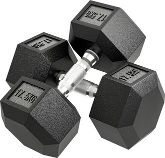 HOMCOM Homcom Juego De Mancuernas Hexagonales, 2 X 17,5 Kg, De Hierro Fundido, Recubiertas De Goma Con Barras De Conexi&oacute;n Para Casa, Gimnasio, Negro