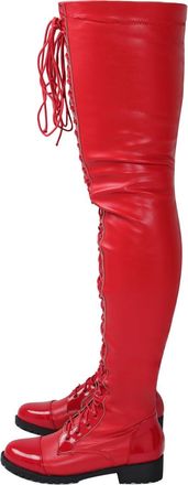 Generic Red,6.5 UK,Thigh High Boots for Women Patent Leather PU Chunky Heel Low Heels Over The Knee Boot Lace-up Side Zipper Fall Comfy Long Boot Dress Shoes