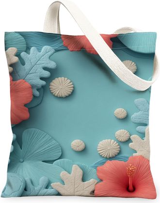 Generic Tropical Floral Canvas Tote Bags, Modern Hibiscus Leaf Pattern Reusable Grocery Bags, Summer Lightweight Washable Shoulder, Blue, 13x15 Inch