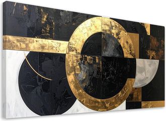 Feeby Cuadro En Lienzo, Abstracci&oacute;n Textura C&iacute;rculos Formas Negro Dorado, 120x60