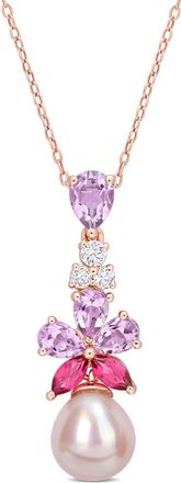 Amour 9.5-10mm Pink Freshwater Cultured Pearl 2 3/8 CT TGW Rose De France and White and Pink Topaz Floral Drop Pendant In Rose Plated Sterling Silver