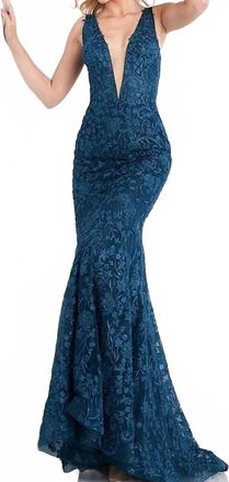 Jovani Illusion Plunging V-Neckline Floral Embroidered Gown In Teal