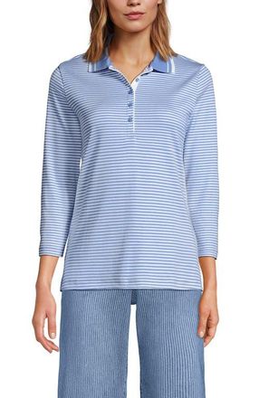 Lands End 3/4 Sleeve Supima Cotton Polo Shirt in Deep Sea/blue Multi Stripe at Nordstrom, Size Medium