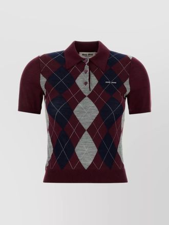 Miu Miu wool polo shirt with argyle pattern and ribbed hem