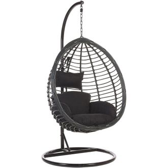Beliani Silla Colgante De Rat&aacute;n Negra Con Estructura Met&aacute;lica Interior-exterior Forma De Huevo Estilo Boho Tollo