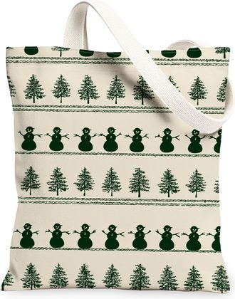 Generic Winter Snow Man Canvas Tote Bags, Holiday Tree Pattern Reusable Bags, Vintage Lightweight Washable Shoulder Strap Canvas Fo, Cream, 13x15 Inch