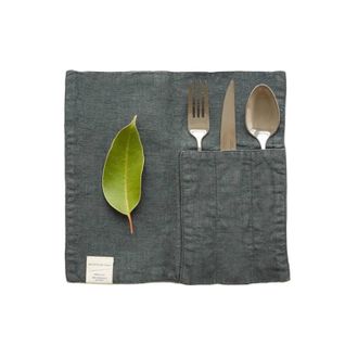 Linen Tales 100% Linen Cutlery Pocket In Forest Green
