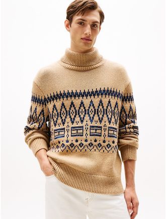 Tommy Hilfiger Mens Fair Isle Wool-Blend Turtleneck Sweater - Beige - XS