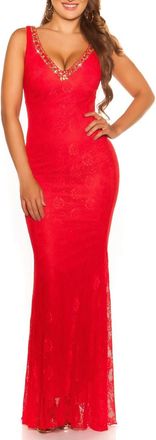 Koucla Glamour Rhinestone V-Neck Maxi New Years Eve Lace Dress, red, L