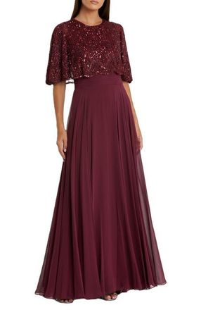 Mac Duggal Sleeveless Caped Beaded Overlay A-Line Gown in Aubergine at Nordstrom, Size 6