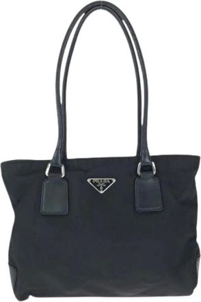 Prada Pre-owned Tote Bags, female, Black, Size: ONE SIZE Pre-owned Tessuto Nylon Leather Tote Bag