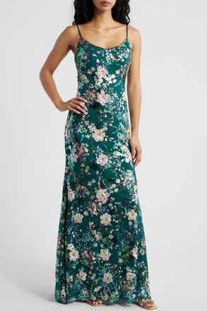 Emerald Sundae Floral Sequin Gown in Green /Multi at Nordstrom, Size Medium