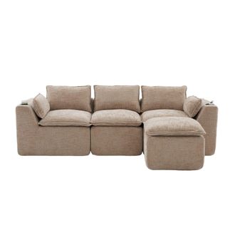 Urban Meuble Sof&aacute; modular de 3 plazas con puf y cojines en tejido chenilla kaki