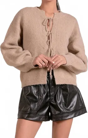 Elan Soft Knit Tie-Front Cardigan In Beige