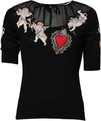 Dolce & Gabbana Black Sacred Heart Embroidered Crewneck Womens Top