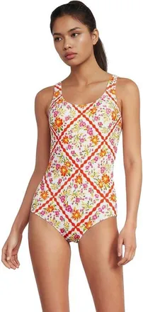 Lands End Tugless Low Leg One Piece Swimsuit in White/orange Scarf Floral at Nordstrom, Size 10