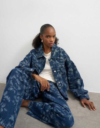 Topshop Giacca di jeans a palloncino in jacquard blu a fiori