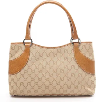 Gucci Beige Brown Canvas Leather Handbag Tote Bag (Pre-Owned)