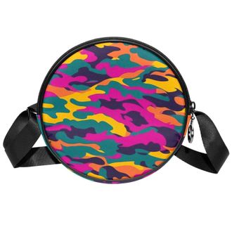 Generic Circle Crossbody Bag for Women, Colorful Camouflage Small Sling Bag Daypack with Zipper Adjustable Shoulder Straps Casual Ladies Girls Round Purse