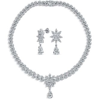 Bling Jewelry Sterling Silver Bridal Floral CZ Collar Necklace & Earrings Set in Clear at Nordstrom Rack