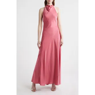 Wayf Sibella Cowl Halter Neck Satin Gown in Punch at Nordstrom, Size X-Small