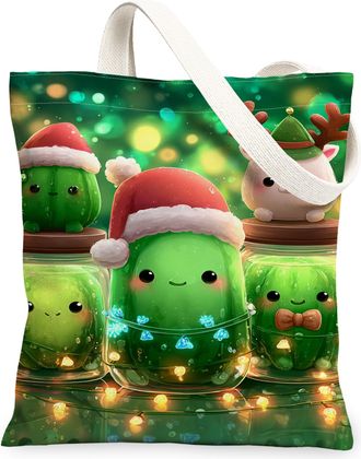 Generic Cute Festive Cactus Canvas Tote Bags, Holiday Green Plant Pattern Reusable Grocery Bags, Lightweight Washable Shoulder Stra, Green, 13x15 Inch