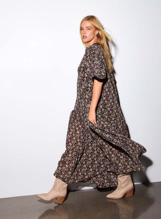 Free People Womens Long loose sheer ruffled floral chiffon dress